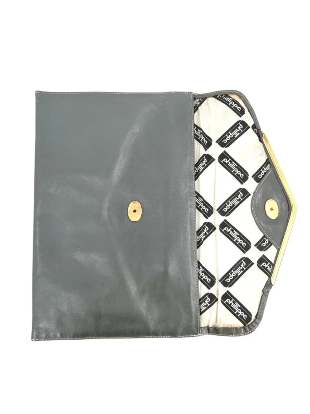 Phillipe 1970s Gray Leather Envelope Clutch Gold Trim Vintage Minimalist
